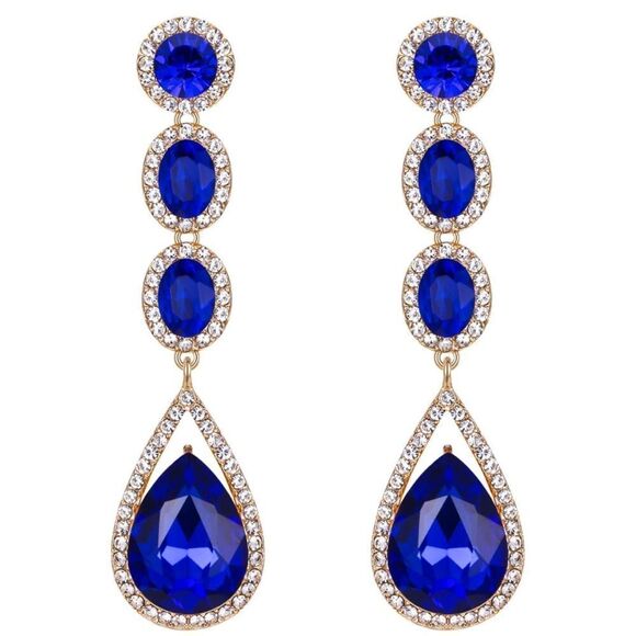 Yellow Gold with Sapphire Blue Crystal Teardrop Halo Chandelier Post Earrings - Picture 1 of 4